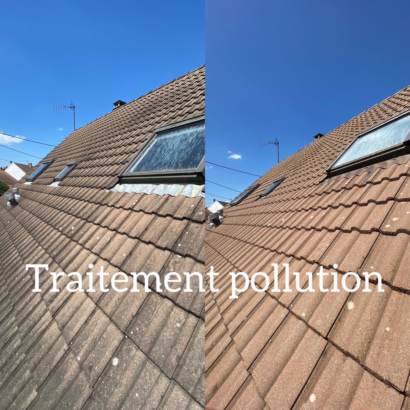Avant après d'un traitement anti-pollution de toiture